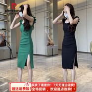 皮爾卡丹（pierre cardin）2025夏季新款女設計感木耳邊吊帶顯瘦連衣裙中長(cháng)款黑色氣質(zhì)小黑裙 綠色 S