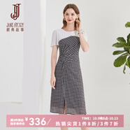 經(jīng)典故事（JANE STORY）2024新款高端精致設(shè)計感格子連衣裙女時尚氣質(zhì)雪紡拼接假兩件裙子 R73黑白格 M