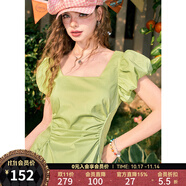 妖精的口袋法式方領(lǐng)格子泡泡袖連衣裙女2024夏季新款收腰氣質(zhì)裙子 明媚果綠色 M