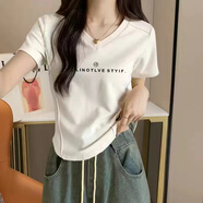 翎悅短袖t恤女V領夏季新款顯瘦修身不規(guī)則下擺半袖體恤休閑短款上衣潮 白色一行小字母 L 建議100-115斤