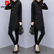 皮爾卡丹（pierre cardin）秋冬胖m妹加大|碼寬松遮肚子高領(lǐng)不規則A字打底裙顯瘦流蘇連衣裙 黑色常規款 L 建議95-105斤