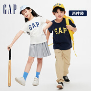 Gap男女童夏季LOGO純棉短袖T恤套裝兒童裝404362兩件裝 藍白組合 150cm(L)亞洲尺碼