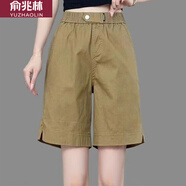 俞兆林松緊腰闊腿直筒短褲女夏季新款2024寬松休閑口袋顯瘦卡其色五分褲 咖色 M 85-100斤
