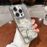 屹川（YICHUAN）適用蘋(píng)果11/pro/max手機殼 iPhone全包鏡頭硅膠新款ins風(fēng)感四角防摔氣囊軟殼紫玫瑰女款 【銀色】水晶白曇-贈保護膜+漸變閃卡銀 蘋(píng)果11