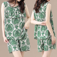 夏季防凸點(diǎn)荷葉邊睡衣女棉綢套裝寬松大碼無(wú)袖短褲家居服裝兩件套 【遮胸款】009-1-綠色花卉 4XL 建議140-160斤