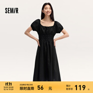 森馬連衣裙女溫柔氣質(zhì)白月光24夏季法式方領(lǐng)收腰中長裙清新 黑色90001 L