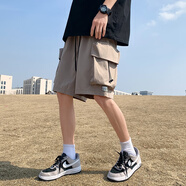 芷棠短褲男2024夏季新款青年潮流寬松直筒五分工裝中褲松緊口袋休閑褲 卡其色 M