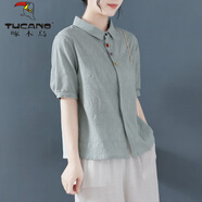 啄木鳥(niǎo)中式棉麻短袖襯衫女夏小清新盤(pán)扣復古中國風(fēng)翻領(lǐng)純色文藝襯衣上衣 青綠色 L【100--115斤】