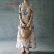 如素慢衣夏季國風(fēng)中式飄逸水墨印花絲綿V領(lǐng)斜襟收腰顯瘦連衣裙29474q 藍(lán)色七分袖 均碼