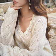 粉紅大布娃娃V領(lǐng)針織衫女2025秋冬新款鏤空鑲鉆寬松顯瘦毛衣上衣 米白色 均碼
