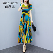 瑞秋兒碎花連衣裙女夏季新款女裝時(shí)尚氣質(zhì)收腰顯瘦氣質(zhì)短袖長裙子夏天 花色 L