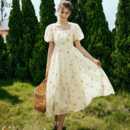 Olrain歐芮兒法式方領(lǐng)碎花連衣裙女夏季新款收腰歐根紗裙子 花色 L