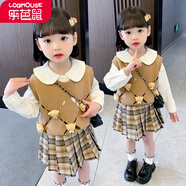 樂(lè)芭鼠【三件套】童裝套裝春秋季女寶寶兒童衣服馬甲襯衣半裙子女童套裝 黃色 130碼建議6-7歲(身高120-130cm)