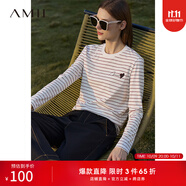 AMII女裝2025秋季新款百搭圓領(lǐng)套頭條紋愛心珠片簽名字母繡T 白酒紅條 L 165/88A