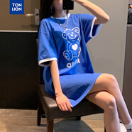 唐獅夏季連衣裙女圓領(lǐng)撞邊圖案T恤寬松顯瘦韓版流行WP 寶石藍 M