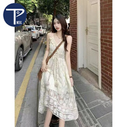 PMOG民族風(fēng)外搭開(kāi)衫馬甲蕾絲網(wǎng)紗裙吊帶連衣裙子女兩件套裝夏季小個(gè)子 連衣裙  (單件） L 110-120斤