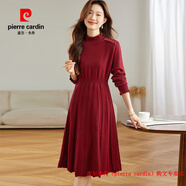 皮爾卡丹（pierre cardin）品牌高檔輕奢羊毛針織連衣裙女秋冬配大衣打底顯瘦氣質(zhì)百褶拼接毛 品牌高端新品-酒紅色 L