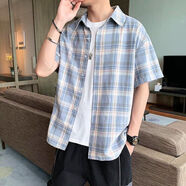 南極人（Nanjiren）夏季格子襯衫男士韓版潮流帥氣港風(fēng)寬松短袖襯衣五分袖休閑外套男 淺藍(lán)色 XL