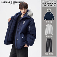 聲猴連帽毛領棉服男秋冬季高街百搭情侶款棉衣美式寬松設計感男士外套 藏青色外套+白色高領毛衣+牛仔褲黑【三件套】 M