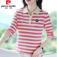 皮爾卡丹（pierre cardin）條紋長(cháng)袖純棉t恤女2025春季新款中年媽媽裝翻領(lǐng)打底Polo衫大碼潮 【特惠妙殺】CW-1828粉色 L (適合100-110斤)