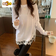 初徑胖MM300斤特大碼寬松純色蕾絲花邊拼接中長(cháng)款遮肚子長(cháng)袖T恤上衣女 白色 M 建議120斤內