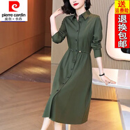 皮爾卡丹（pierre cardin）23年新款女裝襯衫連衣裙春秋季新款高端氣質(zhì)收腰顯瘦中長(zhǎng)款裙 綠色 2XL 128-138斤