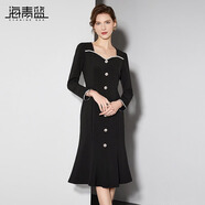海青藍(lán)（CYANINE SEA）高檔優(yōu)雅赫本風(fēng)氣質(zhì)連衣裙女2024秋裝新款方領(lǐng)修身顯瘦長(zhǎng)袖魚尾裙 黑色 L