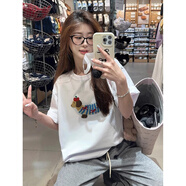 風(fēng)采兔 100%純棉趣味可愛(ài)小狗繡花T恤女夏季設計感小眾寬松短袖休閑上衣 白色  M