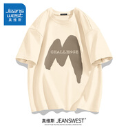 真維斯（Jeanswest）寬松短袖男2025夏季新款時(shí)尚潮牌印花半袖學(xué)生美式復(fù)古百搭體恤衫 淺米(大巨大嗯姆) 3XL (體重180-205斤左右)