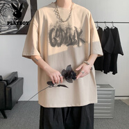 花花公子（PLAYBOY）純棉短袖t恤男青少年夏季男裝帥氣學(xué)生初中生高中生男士半袖體.恤 杏色 XL