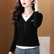 對蘭長(cháng)袖女士T恤2025秋季新款刺繡假兩件百搭顯瘦洋氣打底衫體恤上衣 黑色 M