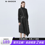 S.DEER圣迪奧女裝個(gè)性高領(lǐng)拼接格紋收腰不規則連衣裙S21381221 黑色/91 S/160