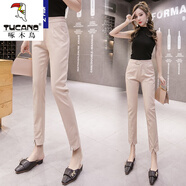 啄木鳥(niǎo)休閑褲女夏季薄款九分褲潮女開(kāi)叉西裝褲職業(yè)直筒小腳褲高腰鉛筆褲 杏色 L