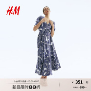 H&M女裝2025秋季新款印花斜紋布短袖泡泡袖V領(lǐng)喇叭形連身裙1297789 白色/藍色花卉 S 160/88