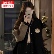 花語志棒球服女短外套加絨春秋季女裝2024新款洋氣小個子休閑夾克韓版 滑板胸章棒球服【黑色】 L 【建議90-100斤】