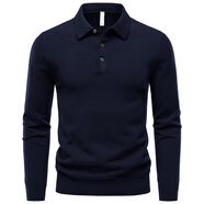 TTLOSTT秋冬季長(cháng)袖純色舒適親膚精致輕奢羊毛衫時(shí)尚休閑保暖修身polo衫男 8206（c）藏青色純色 M 建議體重90-125斤
