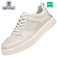 Apple蘋(píng)果頭層牛皮板鞋男鞋子2025新款男士真皮皮鞋防滑軟底耐磨潮流 米白色鏤空款 43