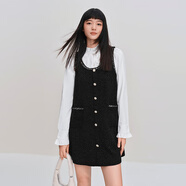 樂町小香風(fēng)粗呢大領(lǐng)型背心連衣裙女裝2025年冬季新款好搭精致裙子 黑色(現(xiàn)貨) S