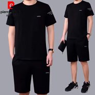 皮爾卡丹（pierre cardin）運動(dòng)套裝男士純棉薄款圓領(lǐng)長(cháng)袖T恤短褲春秋休閑大碼長(cháng)褲兩件套潮 黑色兩件套(短袖+短褲) 2XL (140-160斤)