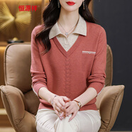 恒源祥2024秋冬新款100%羊毛衫女春秋假兩件翻領(lǐng)女式毛衣女裝上衣針織衫 粉色 XL 【115-125斤】