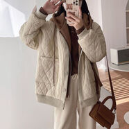 AEMAPE短款棉服女2025秋冬新款時(shí)尚赫本風(fēng)菱格拼接假兩件棉衣顯瘦百搭 杏色 M