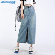 真維斯（JEANSWEST）牛仔裙女2024秋季設(shè)計感中長款高腰a字包臀裙開叉裙子女淺藍色XL