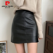 皮爾卡丹（pierre cardin）黑色a字裙小皮裙半身裙女秋冬百搭修身包臀顯瘦一步裙pu皮短裙子 黑色 XL