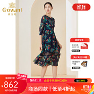 喬萬尼商場同款新款真絲連衣裙系帶拼接設計感優(yōu)雅 熱帶花卉圖案 L