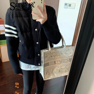 頌簡(jiǎn)依白色短款針織拼接羽絨棉服女2025冬季新款韓系學(xué)院風(fēng)百搭棉衣外套 黑色 S