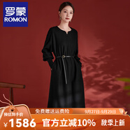 羅蒙（ROMON）高端連衣裙秋冬款寬松顯瘦圓領(lǐng)長(zhǎng)袖羊毛闊版修身純色中長(zhǎng)A字裙子 黑色 XL (125-140斤)