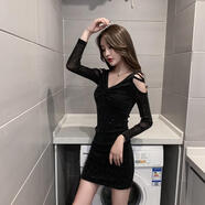 欲動(dòng)夜店女裝足浴會(huì )所新款深V低胸修身包臀短裙荷葉邊夜場(chǎng)性感連衣裙 黑色【長(cháng)袖露肩9110款】 3XL (130-140斤)