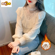 初徑蕾絲打底衫女秋冬季新款半高領(lǐng)洋氣內(nèi)搭長(zhǎng)袖網(wǎng)紗仙女內(nèi)搭小衫上衣 白色(加絨加厚) M