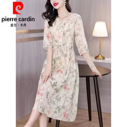 皮爾卡丹（pierre cardin）碎花七分袖苧麻連衣裙2024新款女夏季棉麻裙子復(fù)古氣質(zhì)字裙針織 水墨碎花 M 【80-100斤】