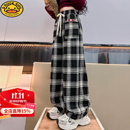 G.DUCKKIDS女童闊腿褲2025新款高腰休閑兒童直筒褲加絨女中大童韓版格子長褲 格子闊腿褲-春秋黑色 160 cm 建議150-160cm年齡11-12